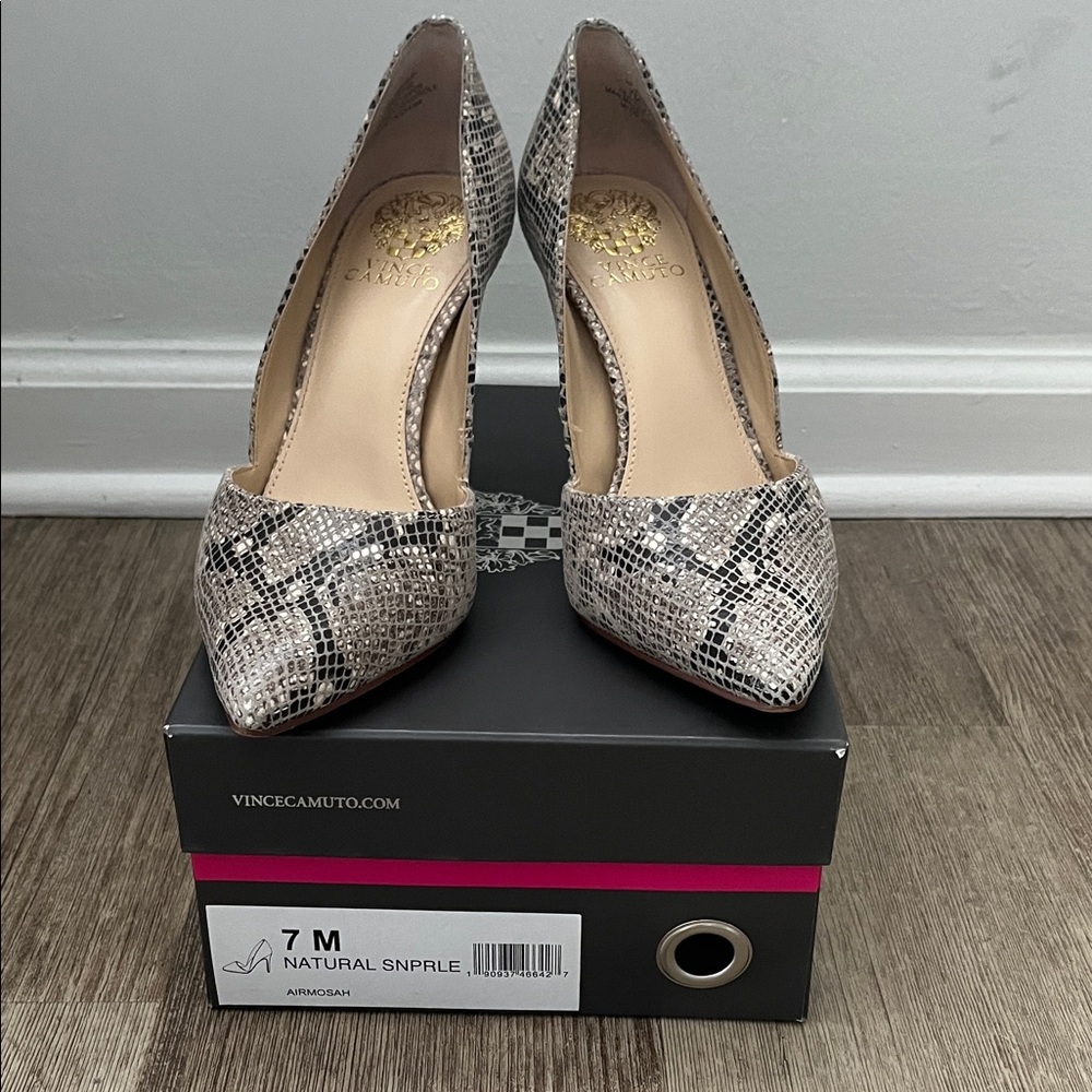 Vince Camuto Dark Brown and Cream Snakeskin Heels